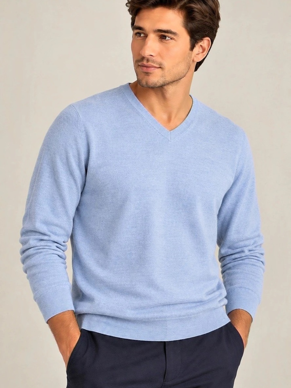 Hart Schaffner Marx Mens XL Extra Fine Merino Wool V Neck Sweater Light Blue